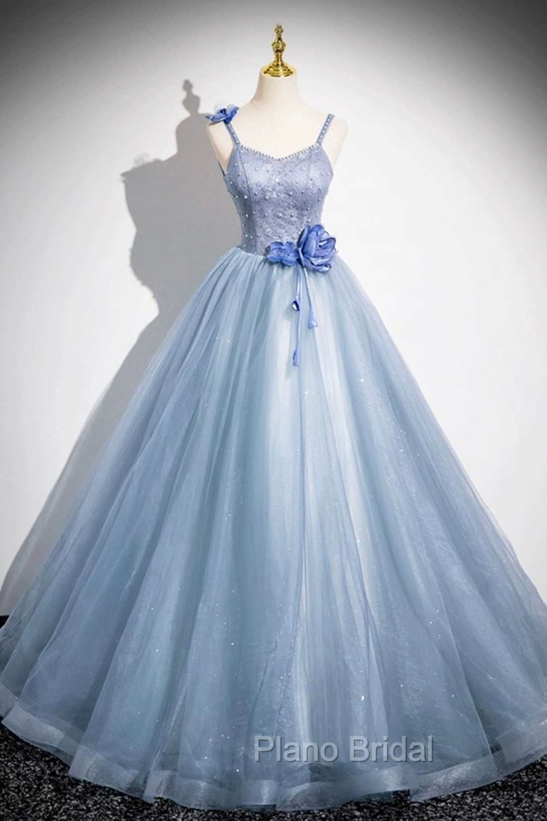 Blue Spaghetti Strap Tulle Floor Length Formal Prom Dresses, Pretty A-Line Evening Party Dresses