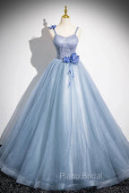 Blue Spaghetti Strap Tulle Floor Length Formal Prom Dresses, Pretty A-Line Evening Party Dresses