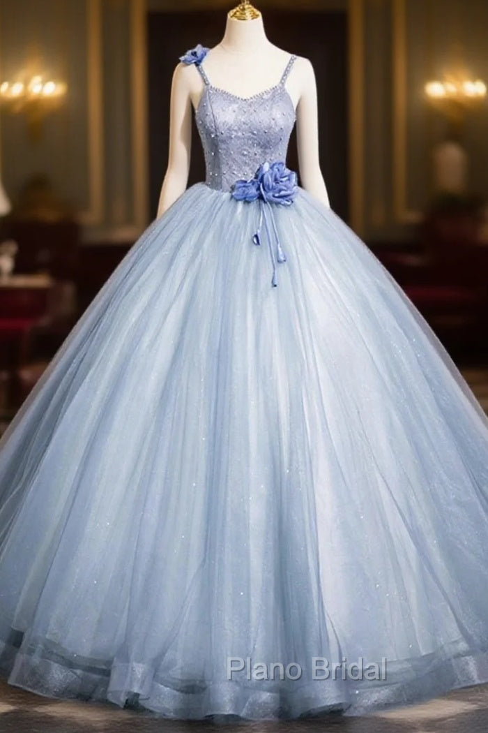 Blue Spaghetti Strap Tulle Floor Length Formal Prom Dresses, Pretty A-Line Evening Party Dresses Main image