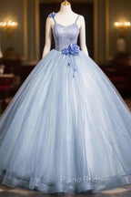 Blue Spaghetti Strap Tulle Floor Length Formal Prom Dresses, Pretty A-Line Evening Party Dresses