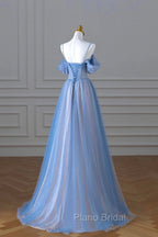 Blue Spaghetti Strap Tulle Long Formal Prom Dresses, A-Line Evening Dresses
