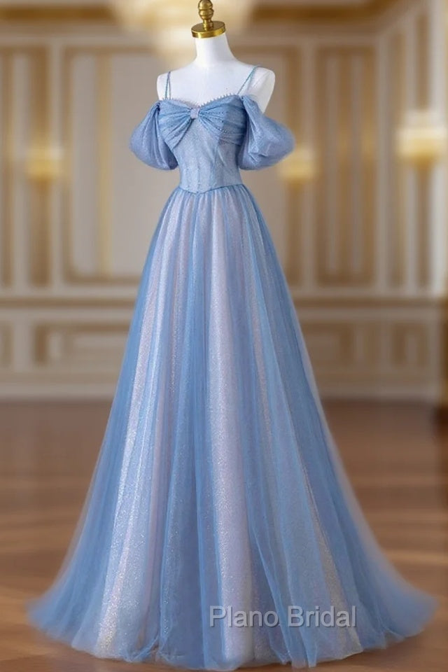 Blue Spaghetti Strap Tulle Long Formal Prom Dresses, A-Line Evening Dresses Main image