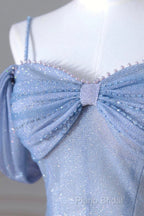 Blue Spaghetti Strap Tulle Long Formal Prom Dresses, Beautiful A-Line Formal Dresses