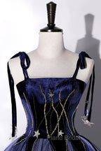 Blue Spaghetti Strap Tulle Long Formal Prom Dresses with Star, Blue Evening Party Dresses