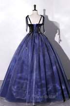 Blue Spaghetti Strap Tulle Long Formal Prom Dresses with Star, Blue Evening Party Dresses