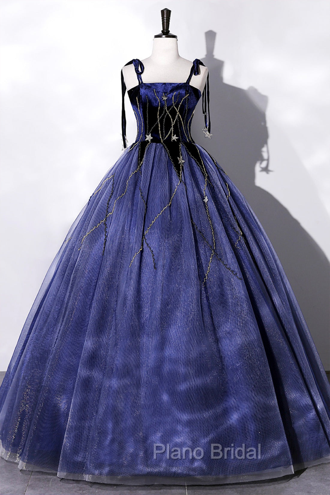 Blue Spaghetti Strap Tulle Long Formal Prom Dresses with Star, Blue Evening Party Dresses Main image