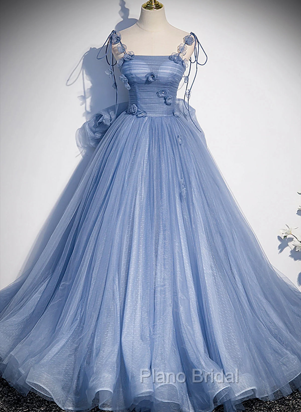 Blue Spaghetti Strap Tulle with Flowers Long Formal Dresses, Blue Party Dresses with Bow Main image