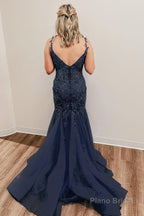 Blue Spaghetti Straps Mermaid Prom Dress With Appliques