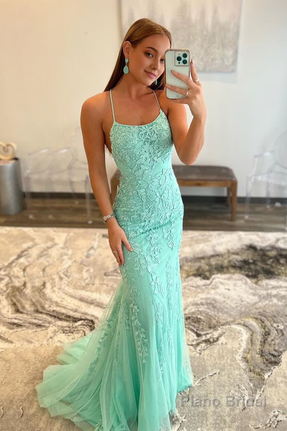 Blue Spaghetti Straps Mermaid Prom Dress With Appliques