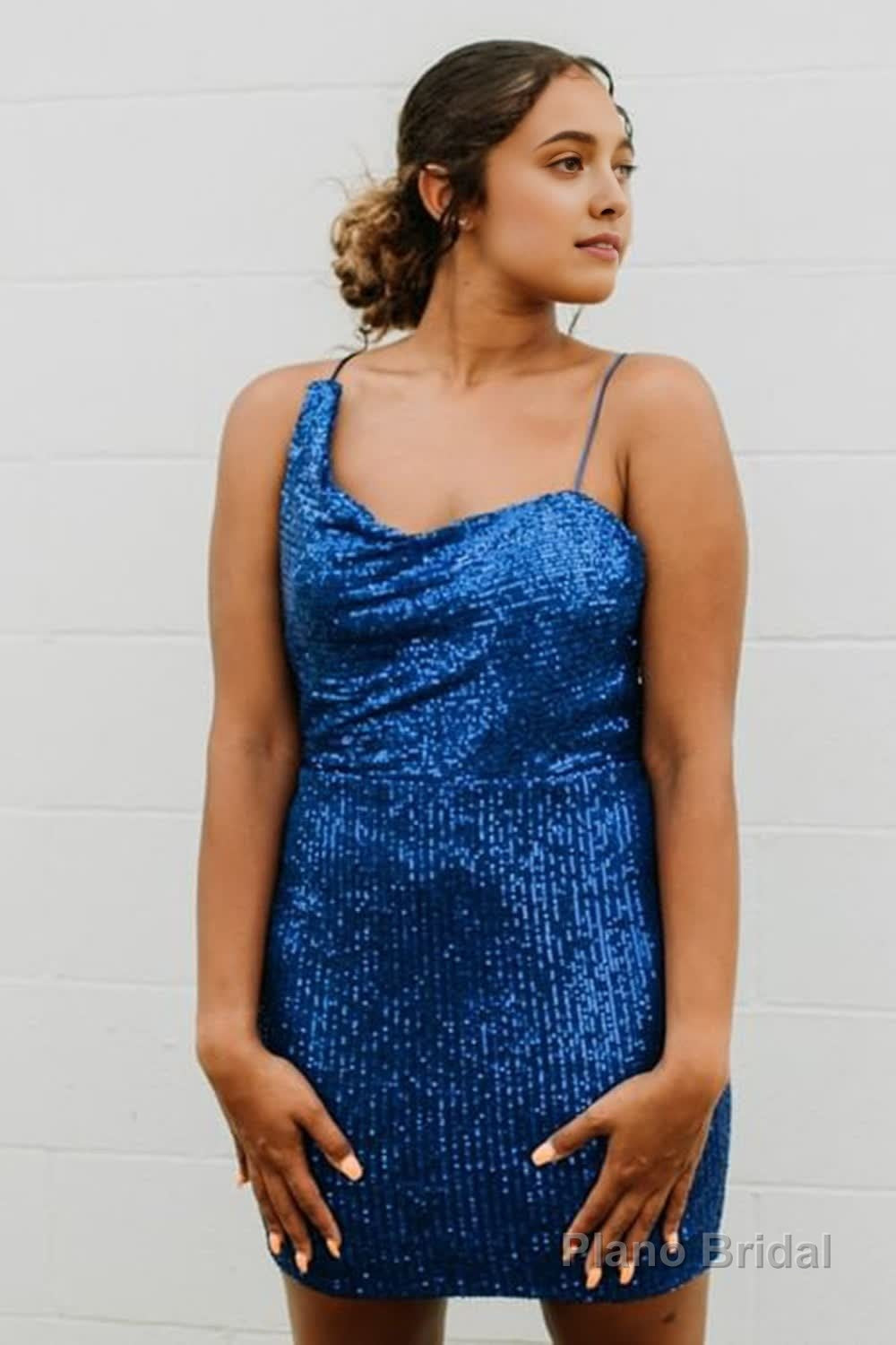 Blue Spaghetti Straps Sequins Homecoming Dress With Criss Cross Back Main image
