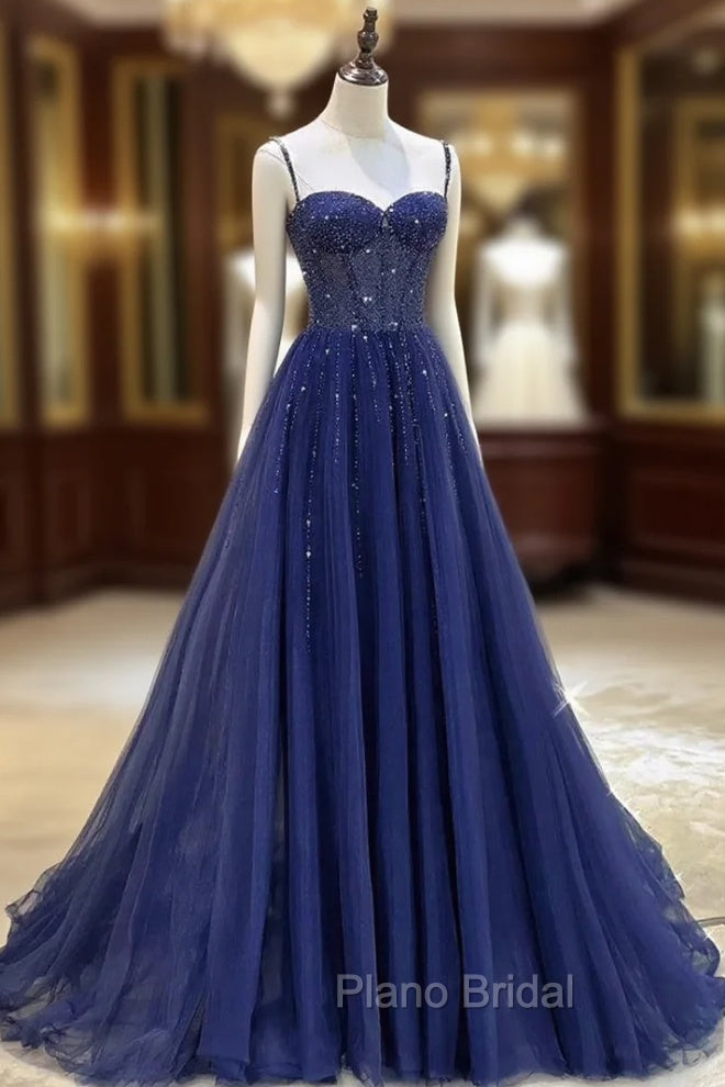 Blue Spaghetti Straps Tulle Beading Formal Prom Dresses Main image