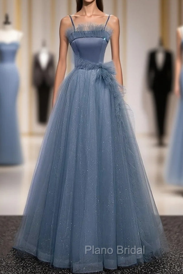 Blue Spaghetti Straps Tulle Sequins Beading Formal Prom Dresses Main image