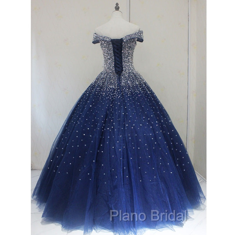 Blue Sparkle Off Shoulder Ball Party Dresses , Handmade Beaded Party Dresses Secondary image