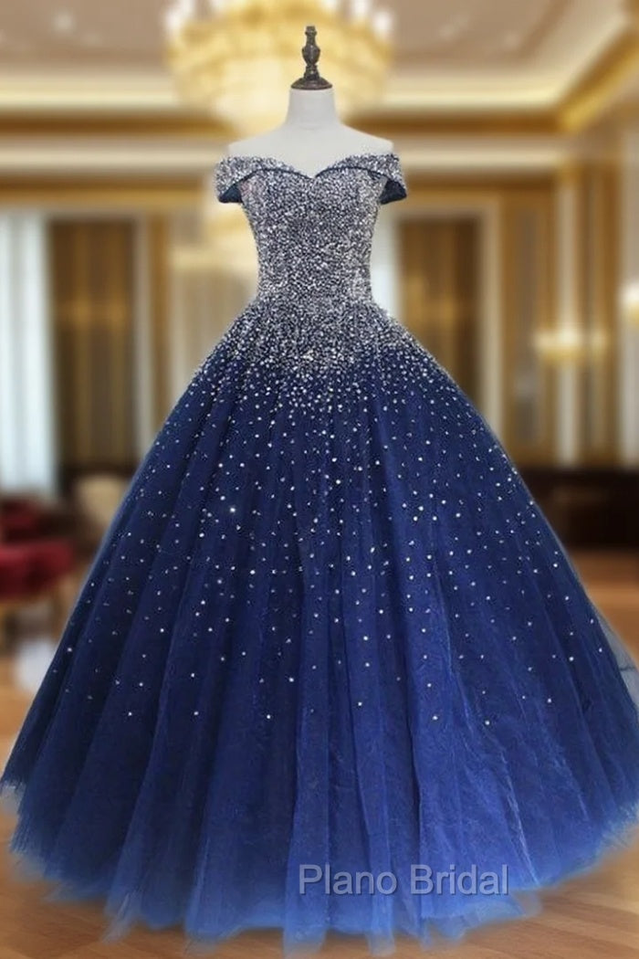 Blue Sparkle Off Shoulder Ball Party Dresses , Handmade Beaded Party Dresses Main image