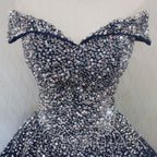 Blue Sparkle Off Shoulder Ball Party Dresses , Handmade Beaded Party Dresses