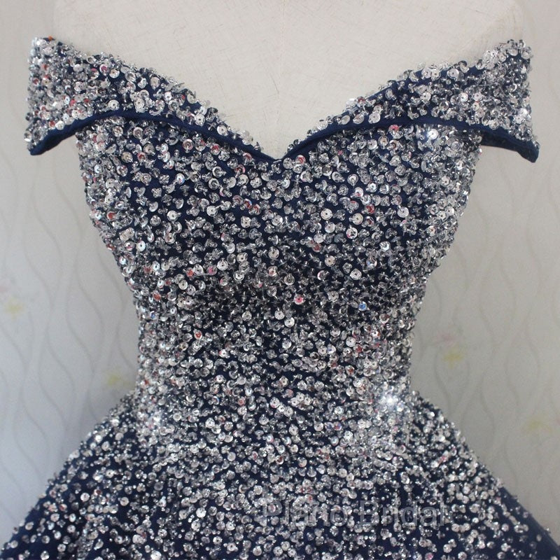 Blue Sparkle Off Shoulder Ball Party Dresses , Handmade Beaded Party Dresses