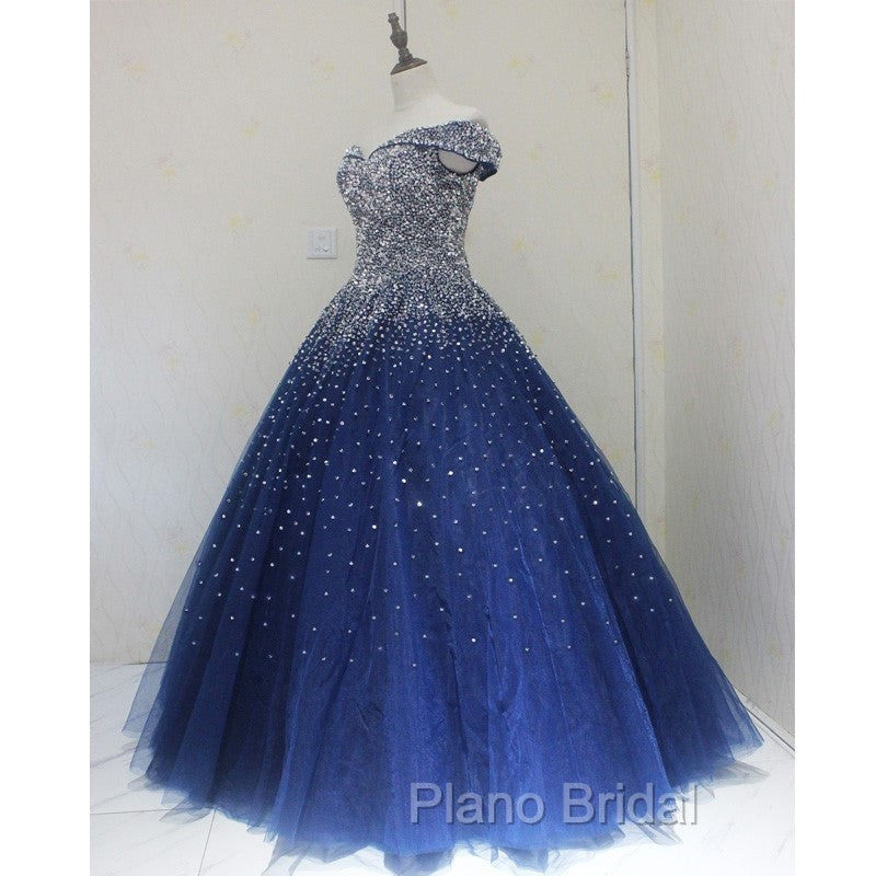 Blue Sparkle Off Shoulder Ball Party Dresses , Handmade Beaded Party Dresses