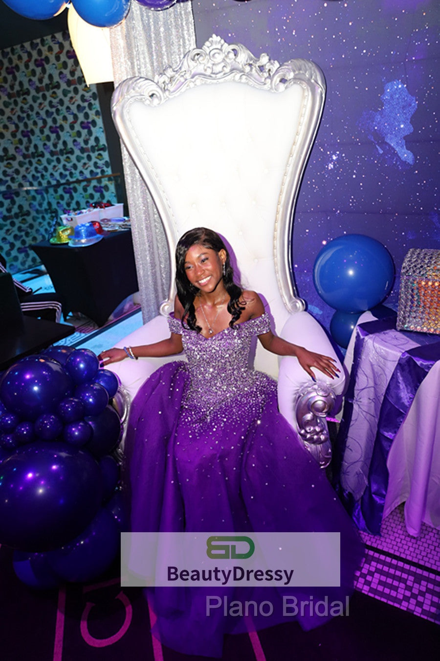 Blue Sparkle Off Shoulder Ball Party Dresses , Handmade Beaded Party Dresses