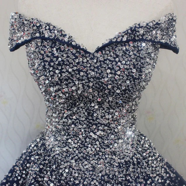 Blue Sparkle Off Shoulder Ball Party Dresses Handmade Beaded Party Dresses Elegant Formal Prom Dresses Evening Dresses
