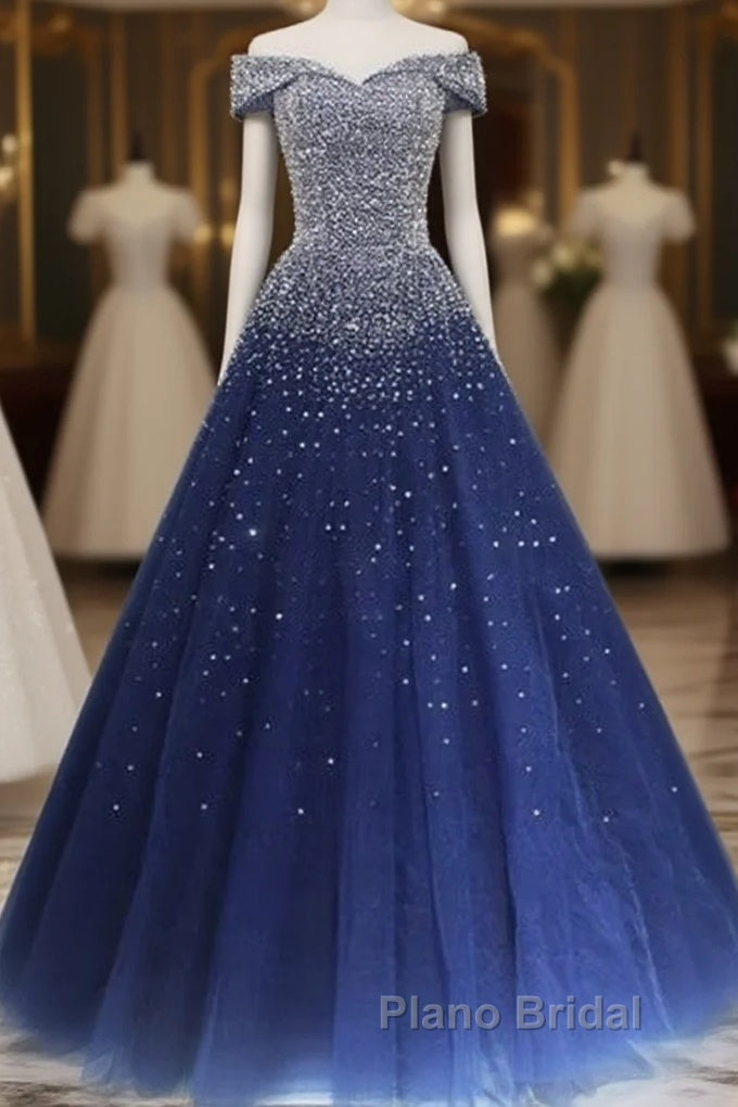Blue Sparkle Off Shoulder Ball Party Dresses Handmade Beaded Party Dresses Elegant Formal Prom Dresses Evening Dresses Main image