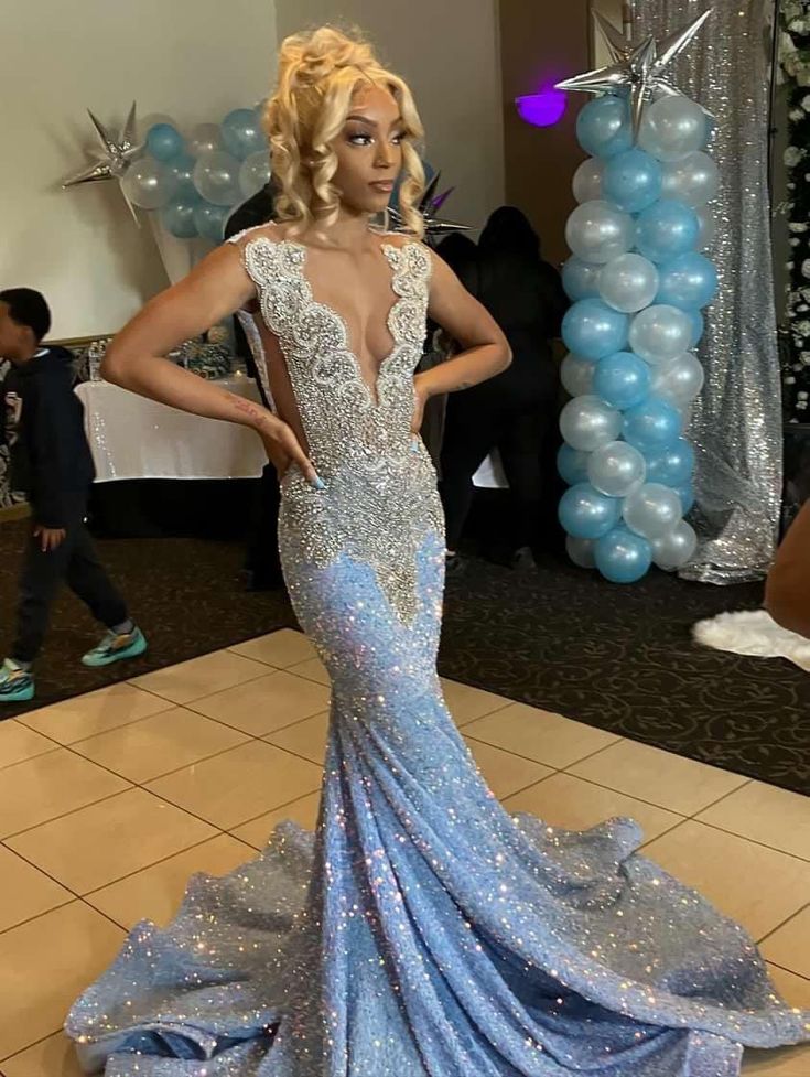 Blue Gorgeous Shiny Sequins Long Mermaid Slim Ball Gown Formal Evening Dresses Secondary image