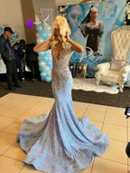 Blue Gorgeous Shiny Sequins Long Mermaid Slim Ball Gown Formal Evening Dresses