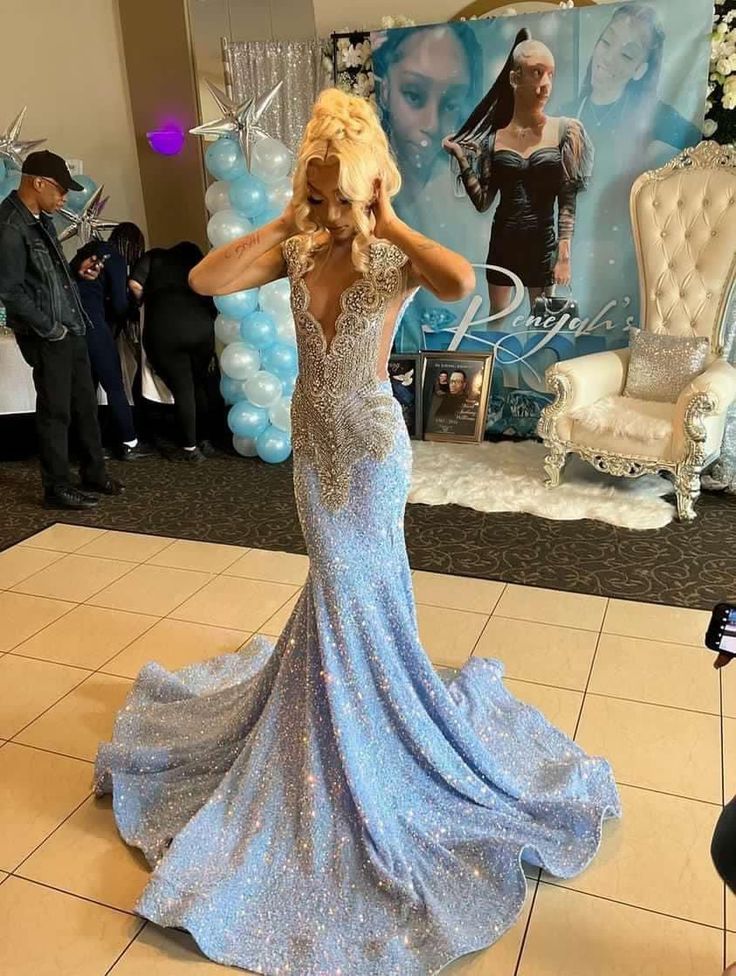 Blue Gorgeous Shiny Sequins Long Mermaid Slim Ball Gown Formal Evening Dresses
