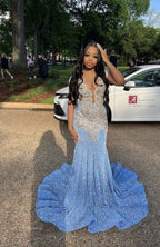 Blue Gorgeous Shiny Sequins Long Mermaid Slim Ball Gown Formal Evening Dresses