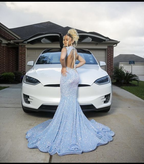 Blue Gorgeous Shiny Sequins Long Mermaid Slim Ball Gown Formal Evening Dresses