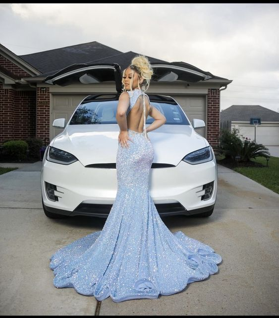 Blue Gorgeous Shiny Sequins Long Mermaid Slim Ball Gown Formal Evening Dresses