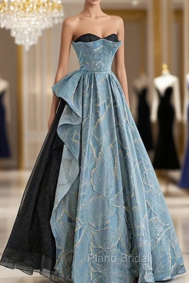 Blue Strapless Black Tulle Formal Prom Dresses