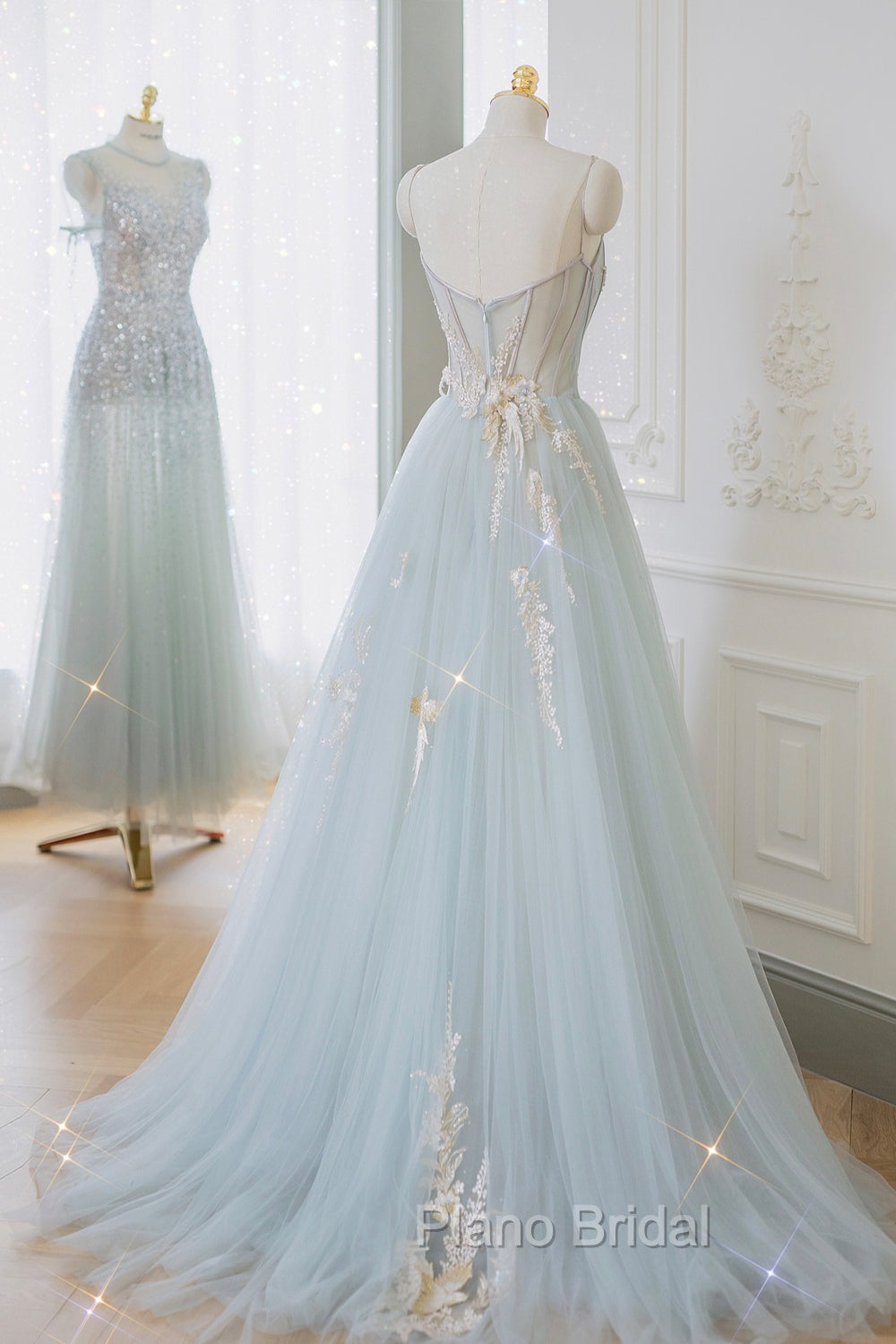 Blue Strapless Lace Formal Formal Prom Dresses, A-Line Tulle Evening Party Dresses Secondary image