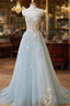 Blue Strapless Lace Formal Formal Prom Dresses, A-Line Tulle Evening Party Dresses