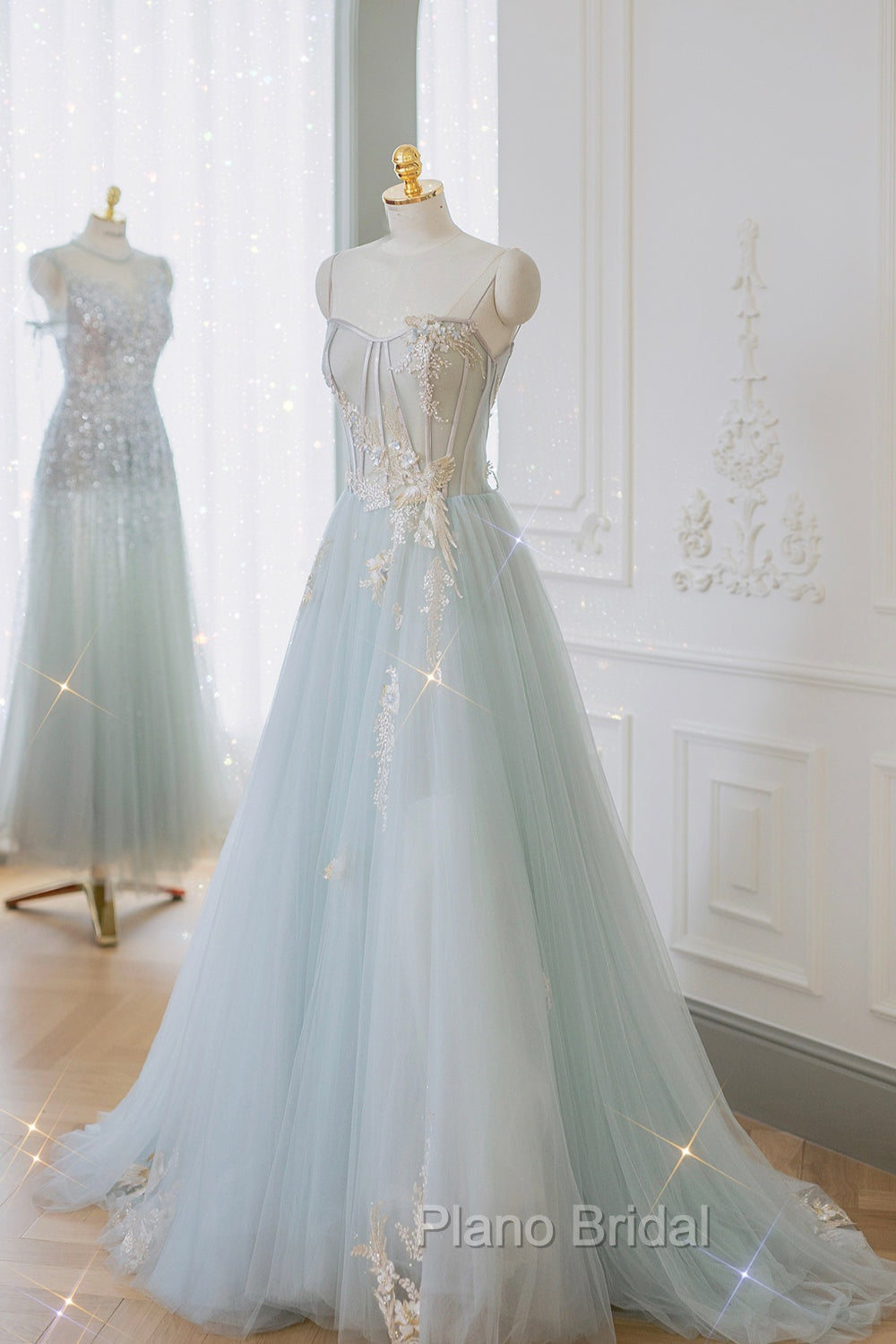 Blue Strapless Lace Formal Formal Prom Dresses, A-Line Tulle Evening Party Dresses