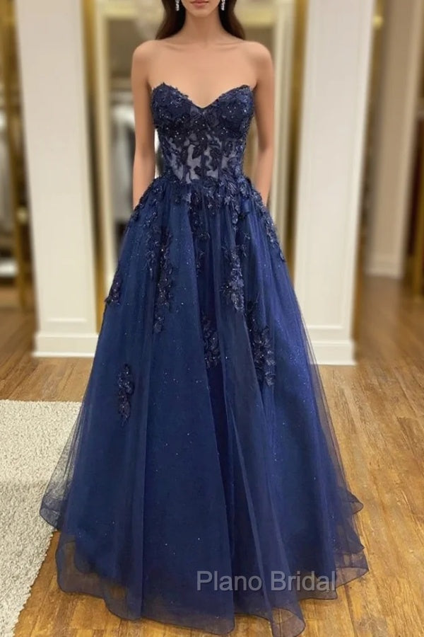 Blue Strapless Lace Long Formal Prom Dresses, A-Line Evening Dresses Party Dresses Main image