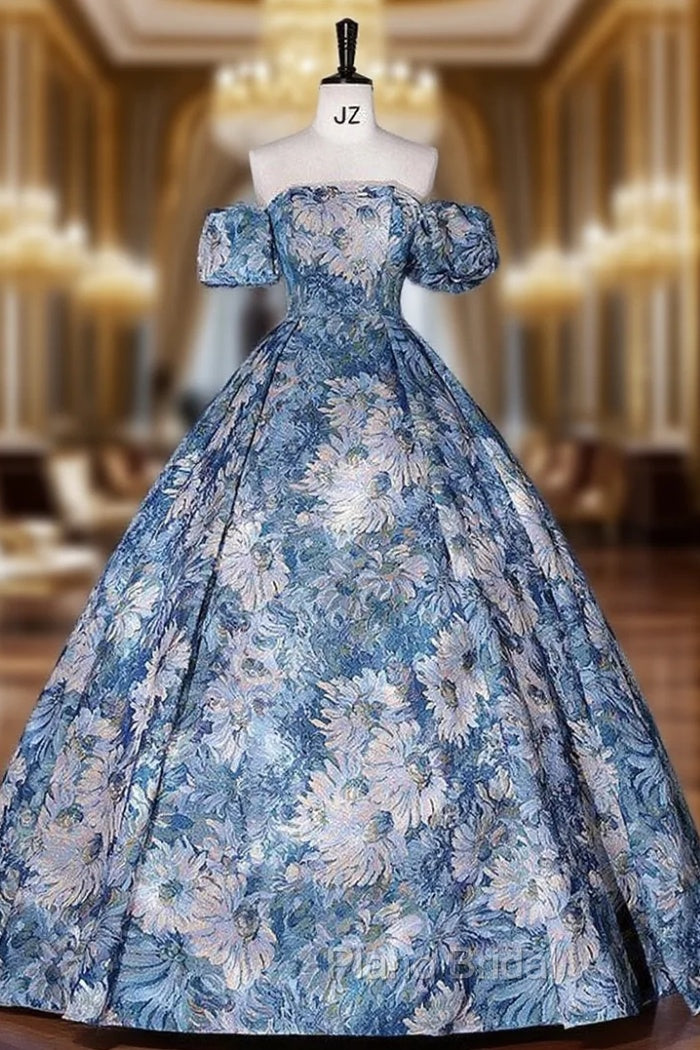 Blue Strapless Print Quinceanera Dresses With Detachable Sleeve Main image