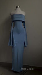 Blue Strapless Formal Prom Dresses Long Sleeve Bodycon Party Dresses