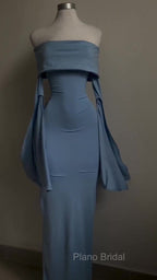 Blue Strapless Formal Prom Dresses Long Sleeve Bodycon Party Dresses