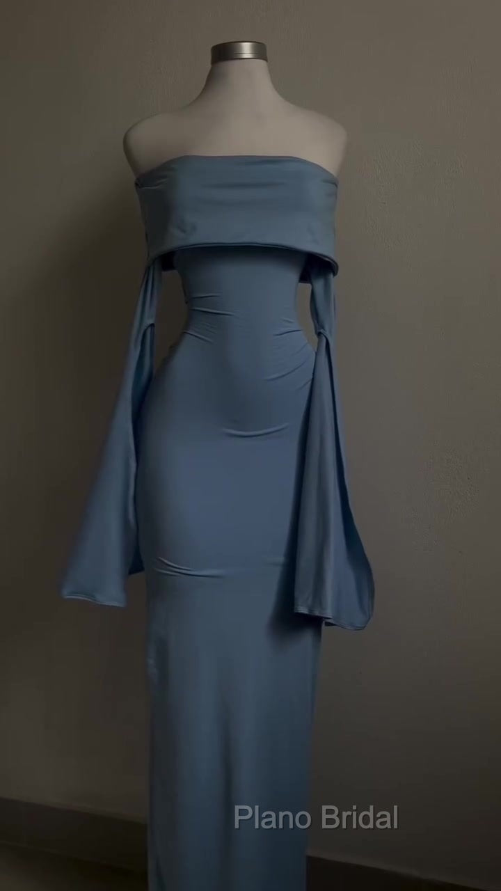 Blue Strapless Formal Prom Dresses Long Sleeve Bodycon Party Dresses
