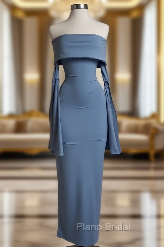 Blue Strapless Formal Prom Dresses Long Sleeve Bodycon Party Dresses