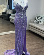 Vintage Strapless Sequins V-Neck Sheath High Slit Long Formal Prom Dresses
