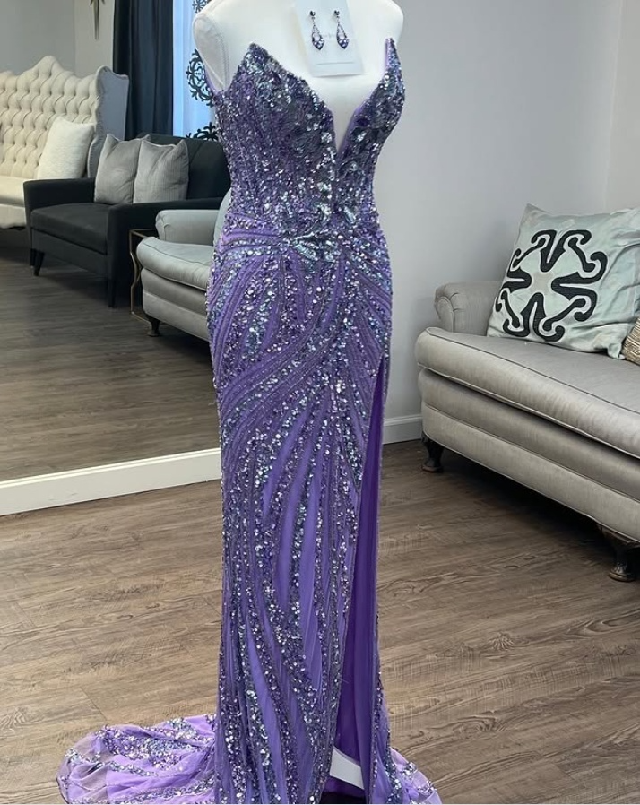 Vintage Strapless Sequins V-Neck Sheath High Slit Long Formal Prom Dresses