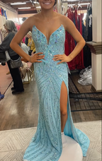 Vintage Strapless Sequins V-Neck Sheath High Slit Long Formal Prom Dresses