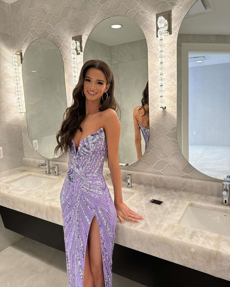 Vintage Strapless Sequins V-Neck Sheath High Slit Long Formal Prom Dresses