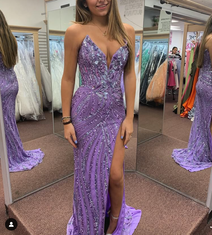Vintage Strapless Sequins V-Neck Sheath High Slit Long Formal Prom Dresses