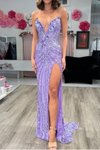 Vintage Strapless Sequins V-Neck Sheath High Slit Long Formal Prom Dresses