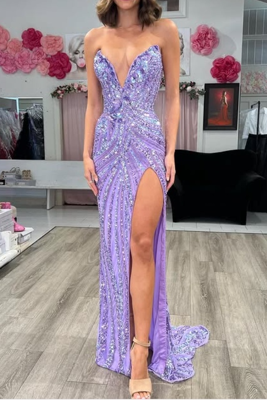 Vintage Strapless Sequins V-Neck Sheath High Slit Long Formal Prom Dresses