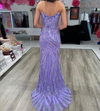 Vintage Strapless Sequins V-Neck Sheath High Slit Long Formal Prom Dresses