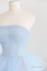 Blue Strapless Tulle Layers Long Prom Dress, A-Line Evening Dress