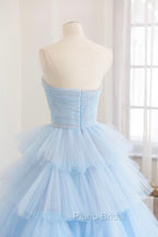 Blue Strapless Tulle Layers Long Formal Prom Dresses, A-Line Evening Dresses